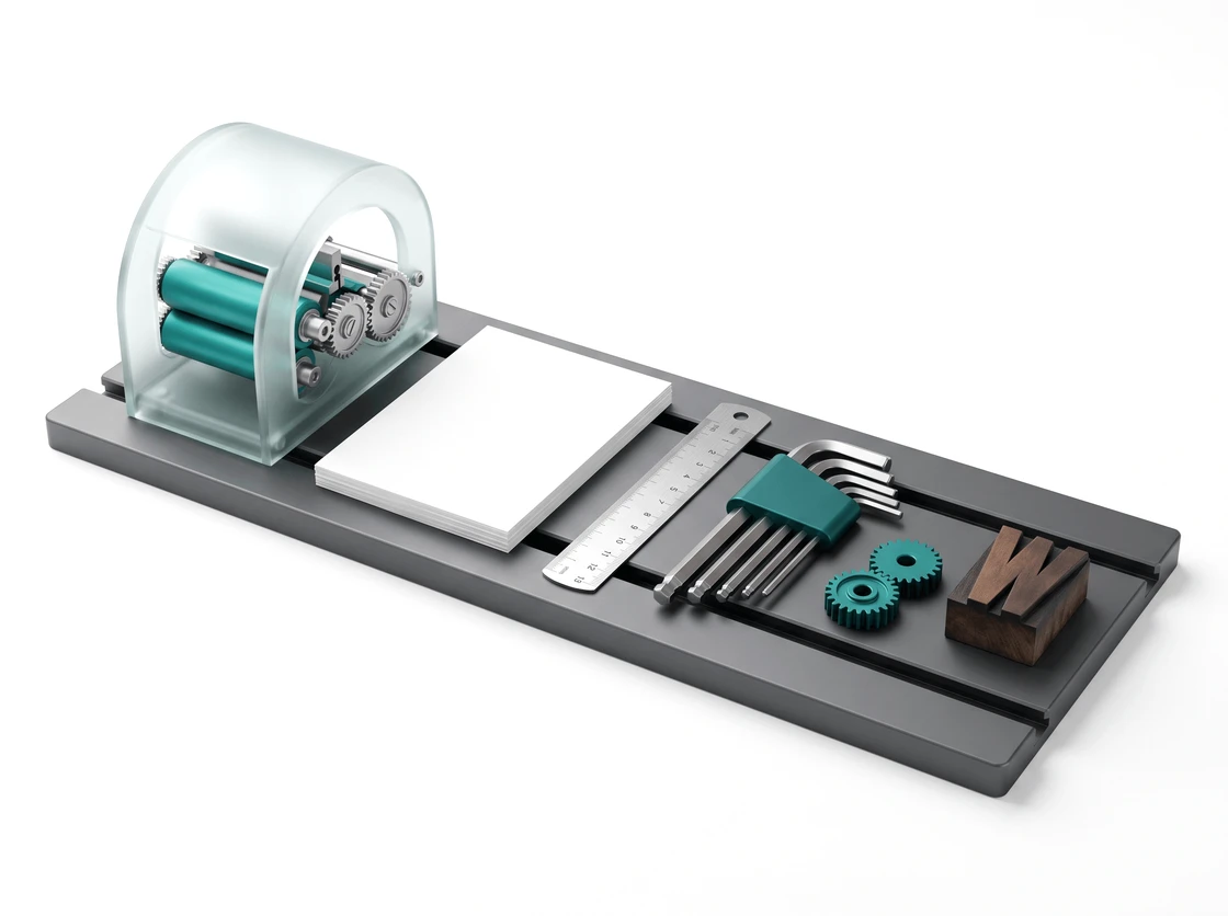A graphite workbench plate with a small frosted glass press, a stack of paper, a steel ruler, hex keys, two teal gears and a letterpress block