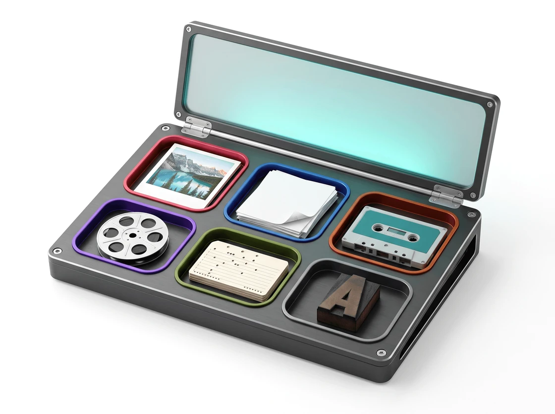 A machined graphite tray with six colour-rimmed slots holding a photo print, paper sheets, a cassette tape, a film reel, punched data cards and a letterpress letter