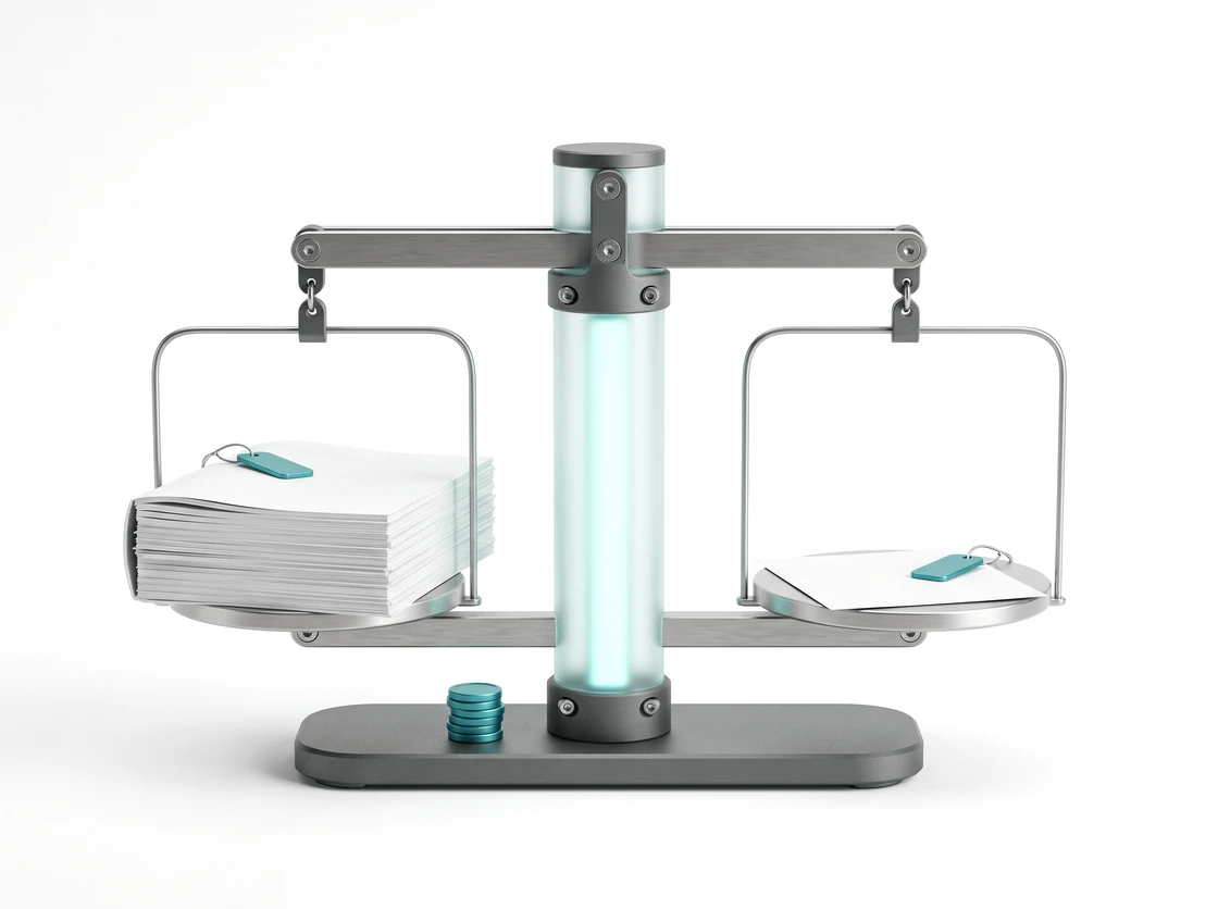 A precision balance with a thick report on one pan and a single sheet on the other, both wearing the same teal tag, the beam perfectly level